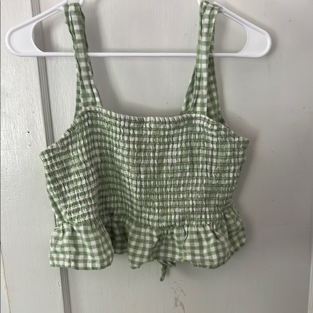 American Eagle Green and White Smocked Crop Tank Top